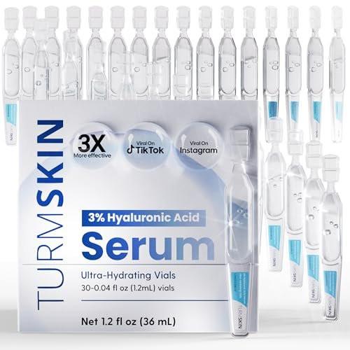 TURMSKIN® Hyaluronsäure Serum Ampullen [ULTRA FEUCHTIGKEITSSPENDENDE VIALS] - 3% Hyaluron Booster für Glashaut & Anti-Aging - 24 Stunden Feuchtigkeit - Weicher PE Triple Hyaluronsäurekomplex für Gesichtshautreparatur & Erneuerung