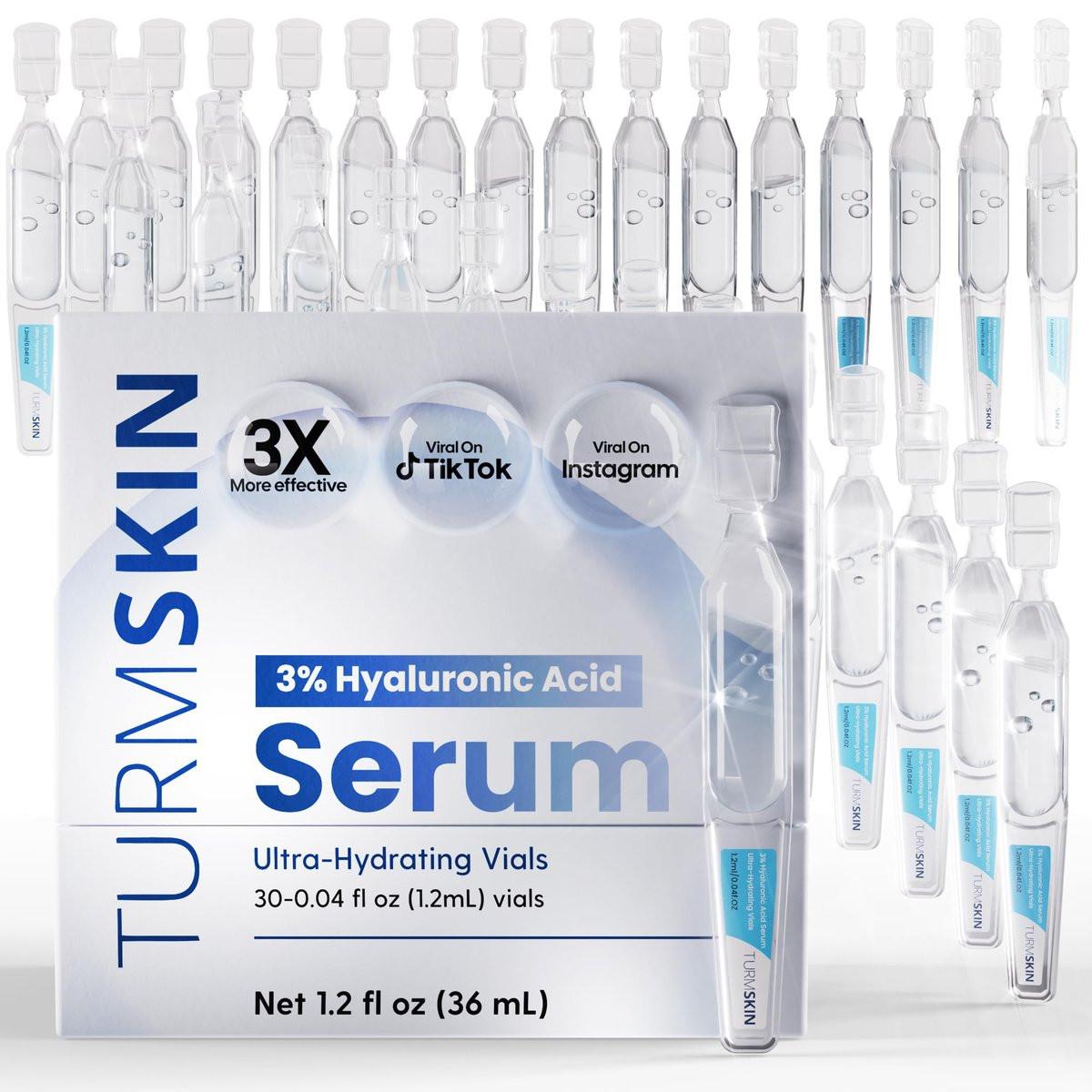 TURMSKIN® Hyaluronsäure Serum Ampullen [ULTRA FEUCHTIGKEITSSPENDENDE VIALS] - 3% Hyaluron Booster für Glashaut & Anti-Aging - 24 Stunden Feuchtigkeit - Weicher PE Triple Hyaluronsäurekomplex für Gesichtshautreparatur & Erneuerung