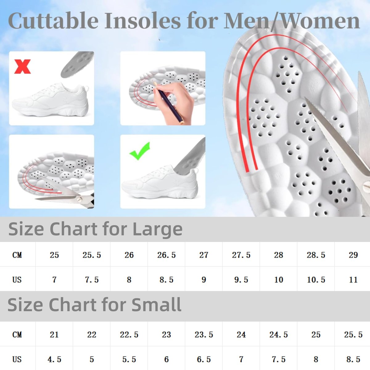 Einlegesohlen für Herren, 4D Cloud Einlegesohlen für Männer und Frauen, Schuheinlagen für Stiefel & Sneaker, zuschneidbar, anti-ermüdend, stoßdämpfend, Fußschmerzlinderung (L: Herren 7-11)