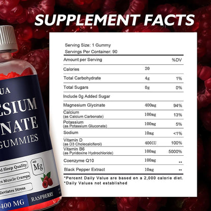 Magnesium Glycinate 400 mg Gummies – Zuckerfrei mit Vitamin D & B6 für besseren Schlaf, Stressabbau und Muskelentspannung – 90 Stück