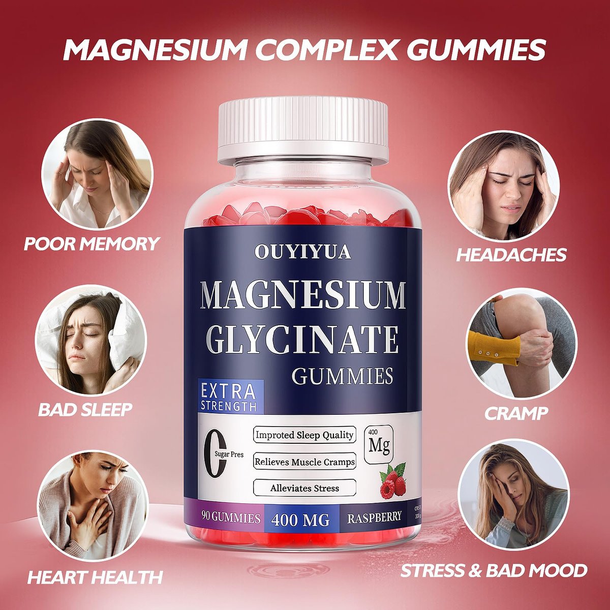 Magnesium Glycinate 400 mg Gummies – Zuckerfrei mit Vitamin D & B6 für besseren Schlaf, Stressabbau und Muskelentspannung – 90 Stück