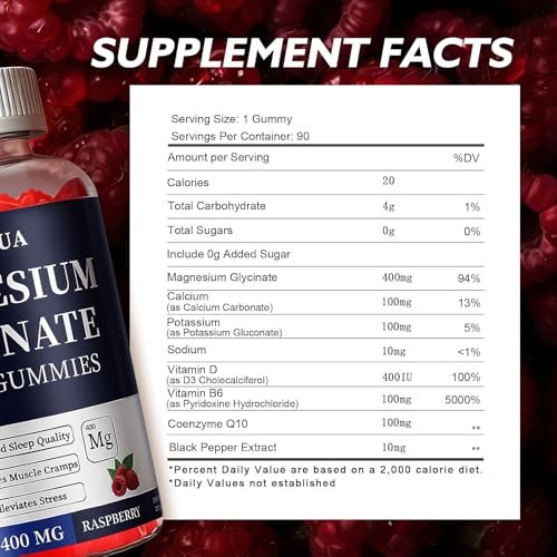 Magnesium Glycinate 400 mg Gummies – Zuckerfrei mit Vitamin D & B6 für besseren Schlaf, Stressabbau und Muskelentspannung – 90 Stück