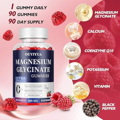 Magnesium Glycinate 400 mg Gummies – Zuckerfrei mit Vitamin D & B6 für besseren Schlaf, Stressabbau und Muskelentspannung – 90 Stück