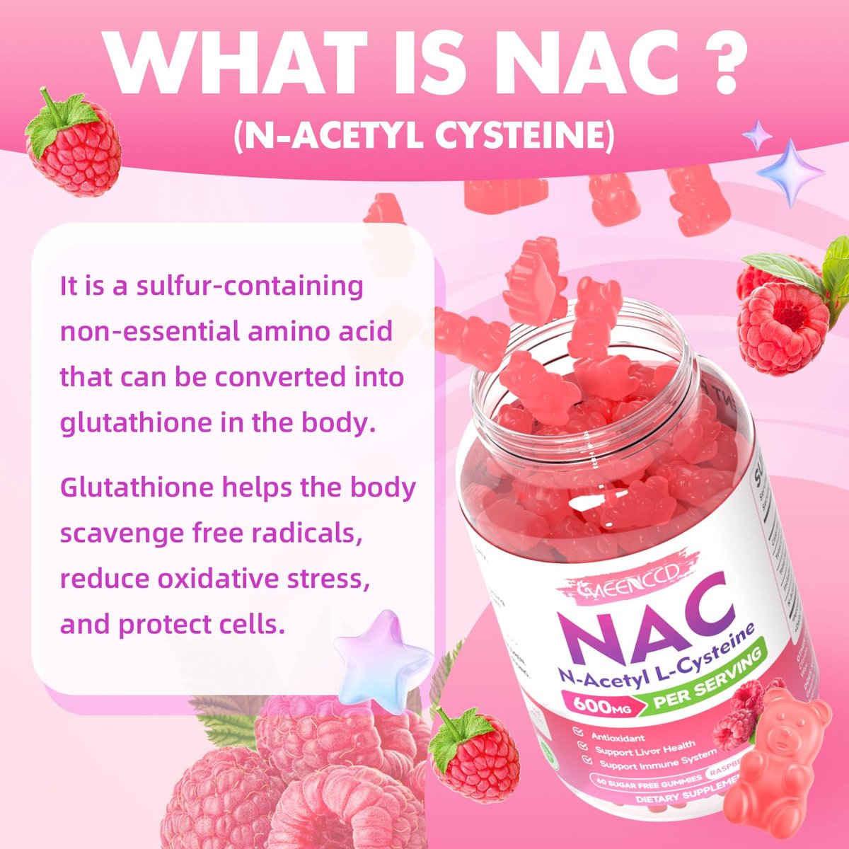 MEENCCD NAC Gummies – N-Acetylcystein 600 mg, Antioxidans & Immununterstützung, Zuckerfrei, Himbeergeschmack, 60 Stück
