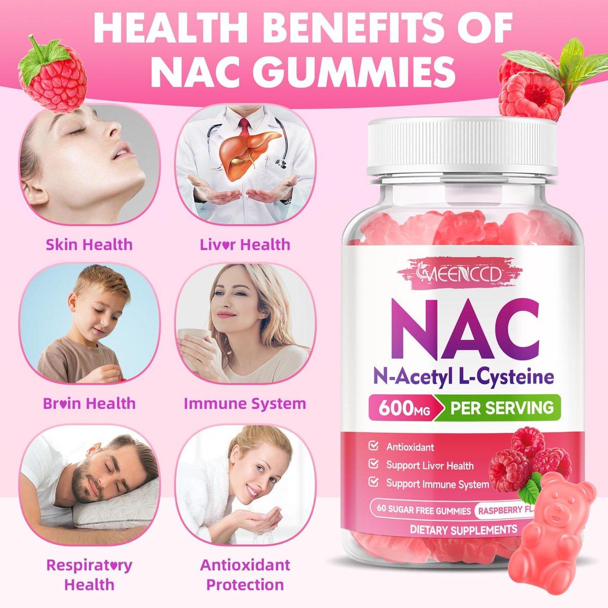 MEENCCD NAC Gummies – N-Acetylcystein 600 mg, Antioxidans & Immununterstützung, Zuckerfrei, Himbeergeschmack, 60 Stück