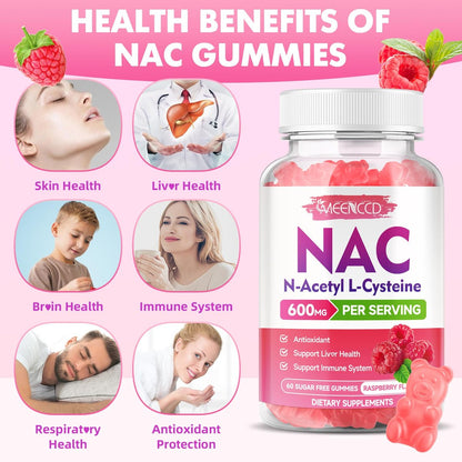 MEENCCD NAC Gummies – N-Acetylcystein 600 mg, Antioxidans & Immununterstützung, Zuckerfrei, Himbeergeschmack, 60 Stück