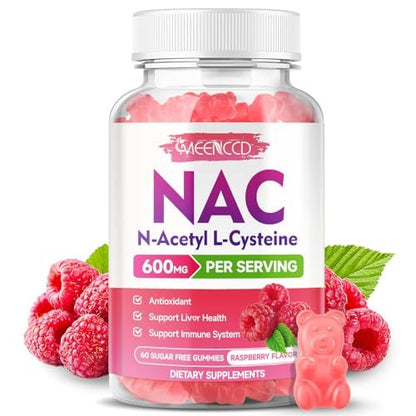 MEENCCD NAC Gummies – N-Acetylcystein 600 mg, Antioxidans & Immununterstützung, Zuckerfrei, Himbeergeschmack, 60 Stück