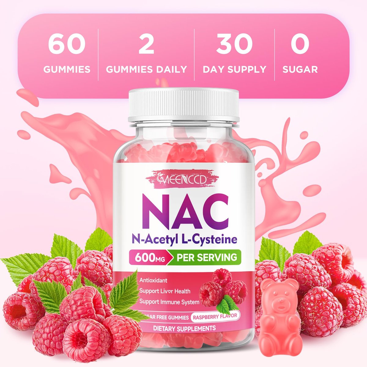 MEENCCD NAC Gummies – N-Acetylcystein 600 mg, Antioxidans & Immununterstützung, Zuckerfrei, Himbeergeschmack, 60 Stück