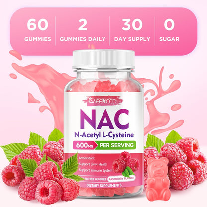 MEENCCD NAC Gummies – N-Acetylcystein 600 mg, Antioxidans & Immununterstützung, Zuckerfrei, Himbeergeschmack, 60 Stück