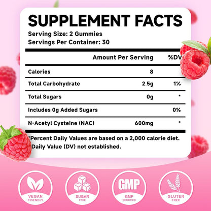 MEENCCD NAC Gummies – N-Acetylcystein 600 mg, Antioxidans & Immununterstützung, Zuckerfrei, Himbeergeschmack, 60 Stück