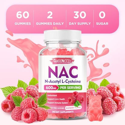 MEENCCD NAC Gummies – N-Acetylcystein 600 mg, Antioxidans & Immununterstützung, Zuckerfrei, Himbeergeschmack, 60 Stück