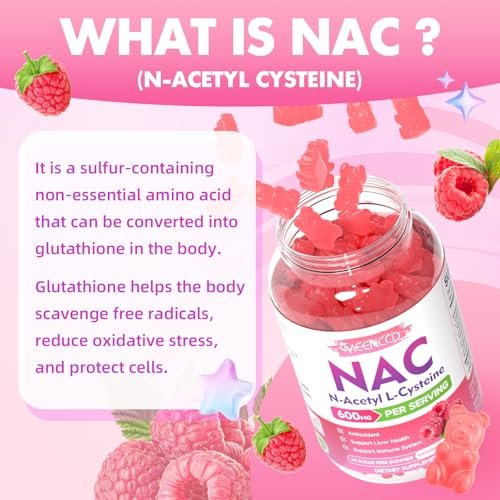 MEENCCD NAC Gummies – N-Acetylcystein 600 mg, Antioxidans & Immununterstützung, Zuckerfrei, Himbeergeschmack, 60 Stück