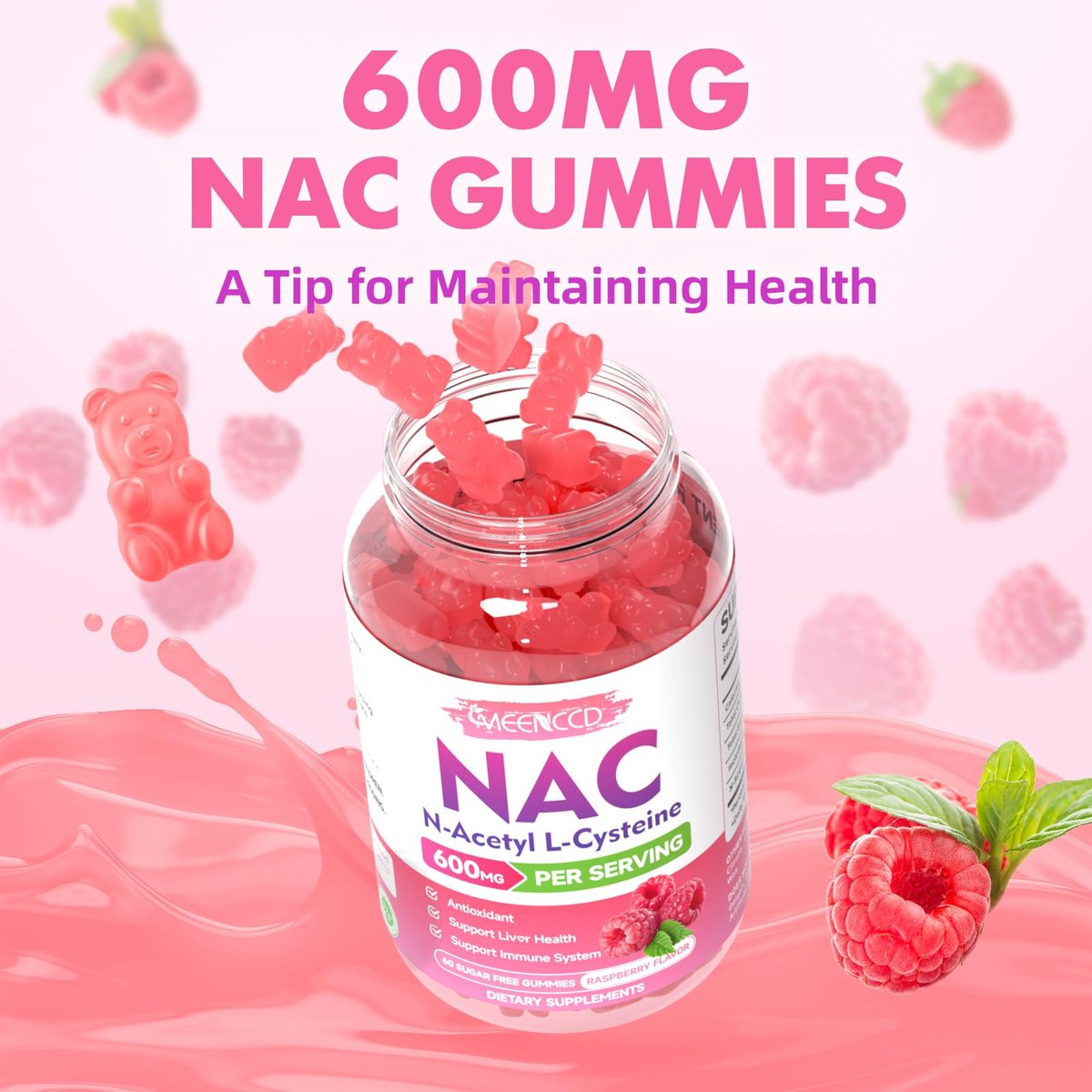 MEENCCD NAC Gummies – N-Acetylcystein 600 mg, Antioxidans & Immununterstützung, Zuckerfrei, Himbeergeschmack, 60 Stück