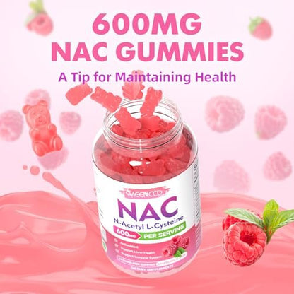 MEENCCD NAC Gummies – N-Acetylcystein 600 mg, Antioxidans & Immununterstützung, Zuckerfrei, Himbeergeschmack, 60 Stück