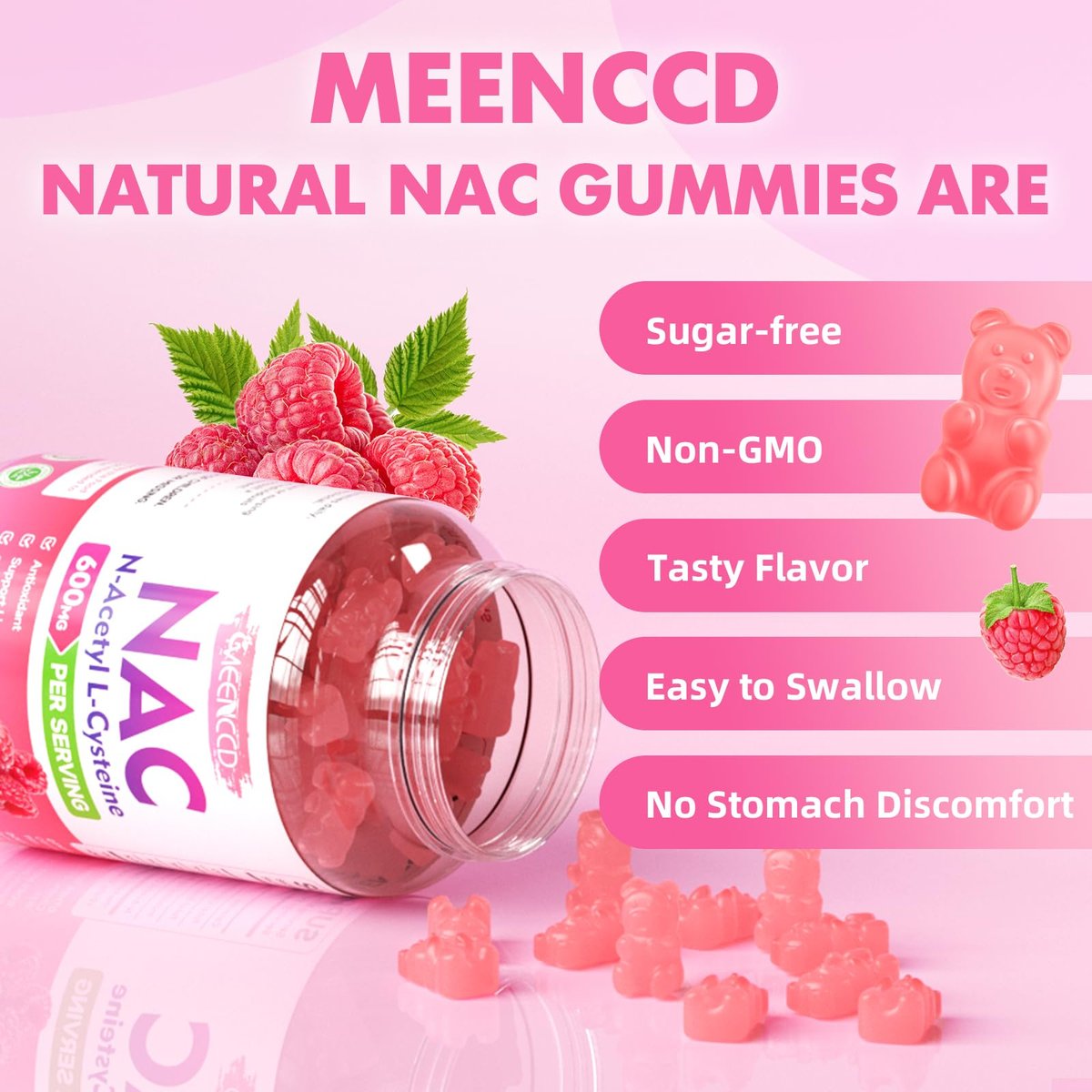 MEENCCD NAC Gummies – N-Acetylcystein 600 mg, Antioxidans & Immununterstützung, Zuckerfrei, Himbeergeschmack, 60 Stück