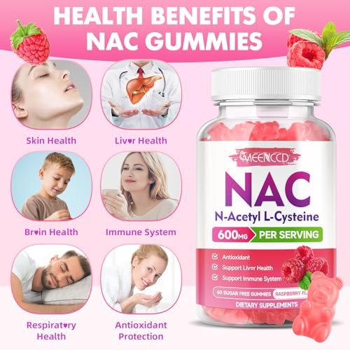 MEENCCD NAC Gummies – N-Acetylcystein 600 mg, Antioxidans & Immununterstützung, Zuckerfrei, Himbeergeschmack, 60 Stück