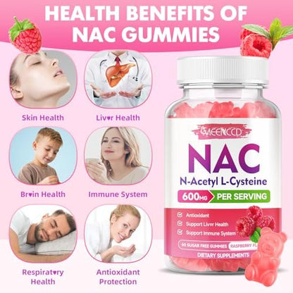 MEENCCD NAC Gummies – N-Acetylcystein 600 mg, Antioxidans & Immununterstützung, Zuckerfrei, Himbeergeschmack, 60 Stück