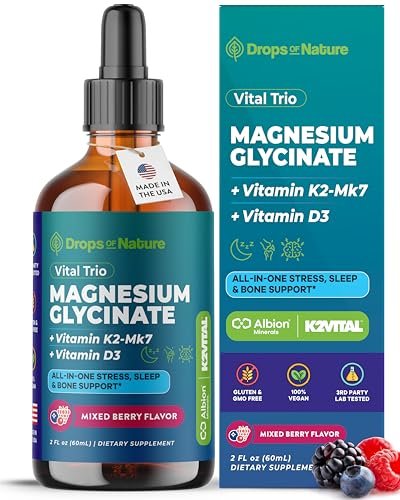 Magnesiumglycinat, Vitamin K2 & D3 Komplex – Vegan, GMO-frei – VIT D MK7 K2 Vitaminpräparat & Magnesium Mischung – mit Nährstoffen für Knochen, Schlaf & tägliche Entspannung (Waldbeere, 60 ml)