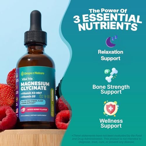 Magnesiumglycinat, Vitamin K2 & D3 Komplex – Vegan, GMO-frei – VIT D MK7 K2 Vitaminpräparat & Magnesium Mischung – mit Nährstoffen für Knochen, Schlaf & tägliche Entspannung (Waldbeere, 60 ml)
