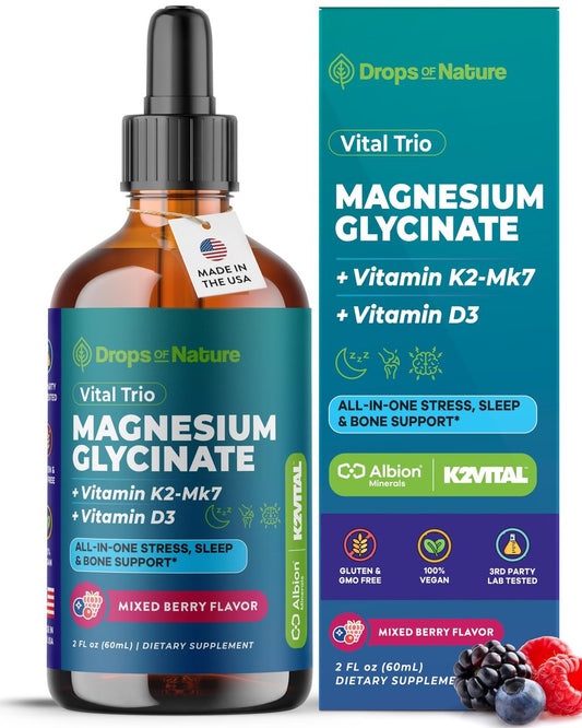 Magnesiumglycinat, Vitamin K2 & D3 Komplex – Vegan, GMO-frei – VIT D MK7 K2 Vitaminpräparat & Magnesium Mischung – mit Nährstoffen für Knochen, Schlaf & tägliche Entspannung (Waldbeere, 60 ml)