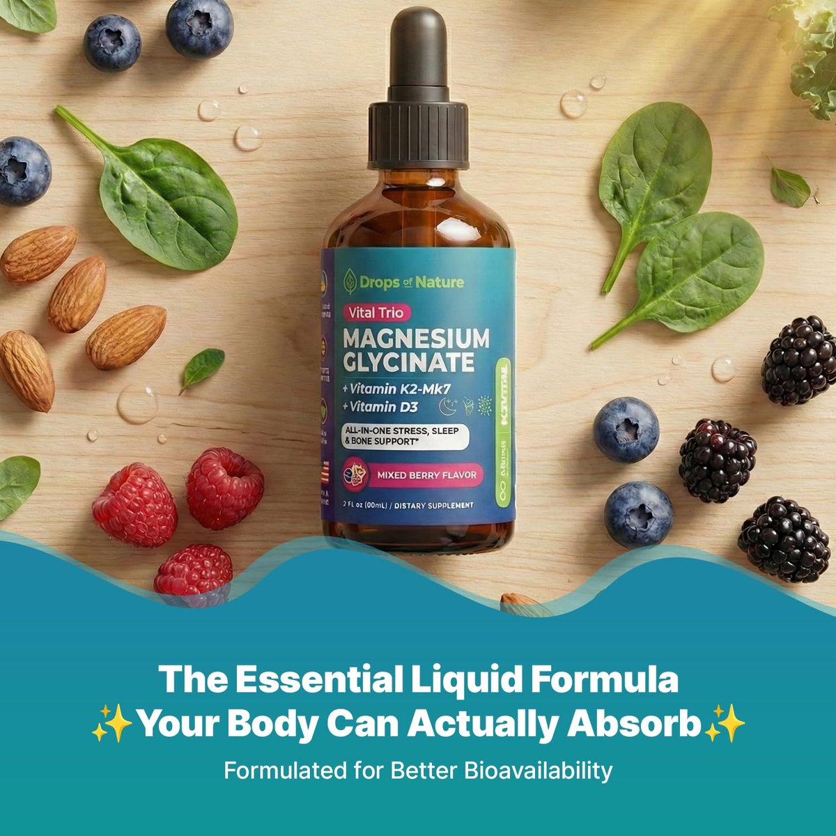 Magnesiumglycinat, Vitamin K2 & D3 Komplex – Vegan, GMO-frei – VIT D MK7 K2 Vitaminpräparat & Magnesium Mischung – mit Nährstoffen für Knochen, Schlaf & tägliche Entspannung (Waldbeere, 60 ml)