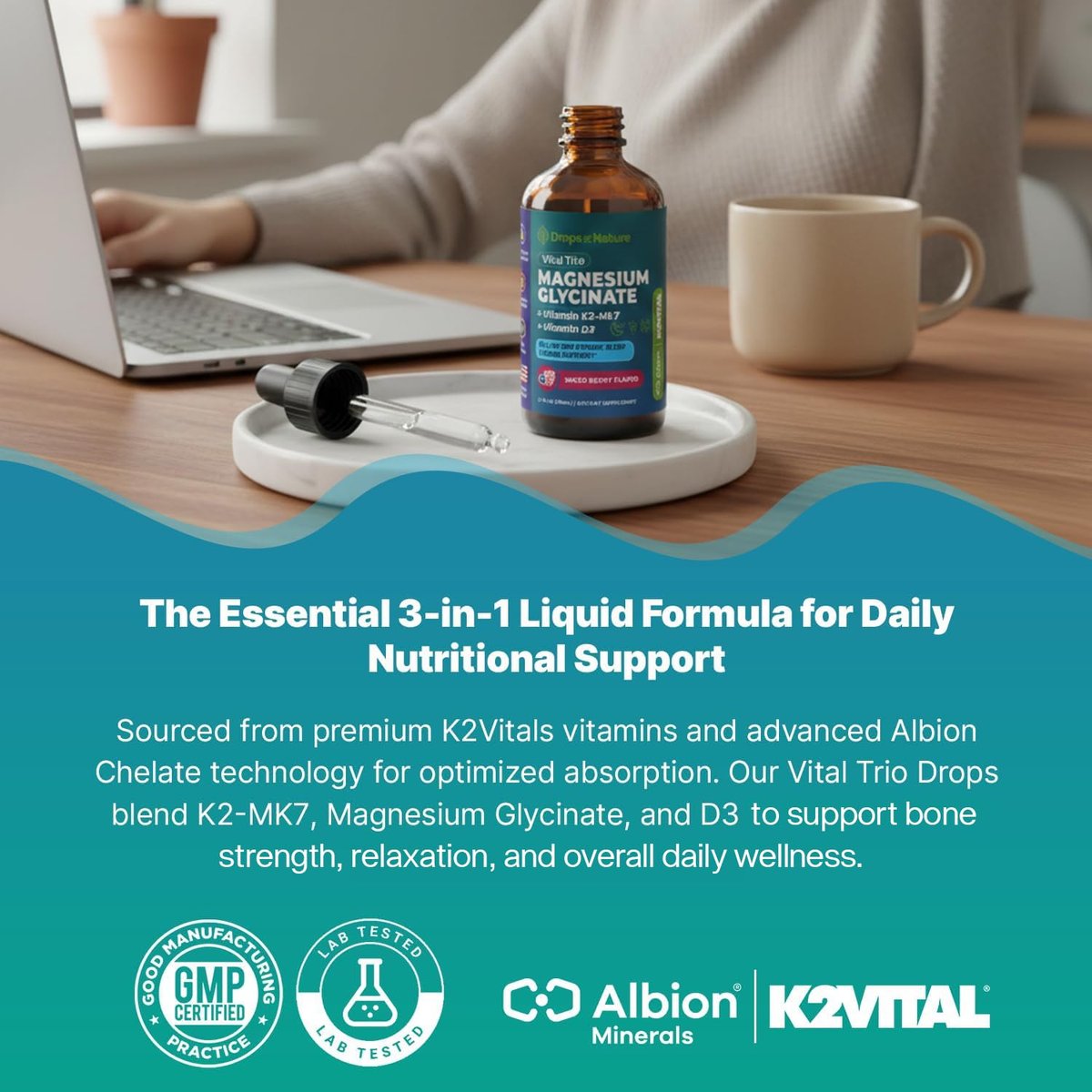 Magnesiumglycinat, Vitamin K2 & D3 Komplex – Vegan, GMO-frei – VIT D MK7 K2 Vitaminpräparat & Magnesium Mischung – mit Nährstoffen für Knochen, Schlaf & tägliche Entspannung (Waldbeere, 60 ml)
