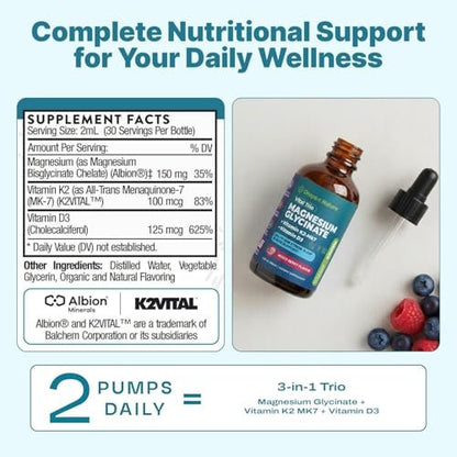 Magnesiumglycinat, Vitamin K2 & D3 Komplex – Vegan, GMO-frei – VIT D MK7 K2 Vitaminpräparat & Magnesium Mischung – mit Nährstoffen für Knochen, Schlaf & tägliche Entspannung (Waldbeere, 60 ml)