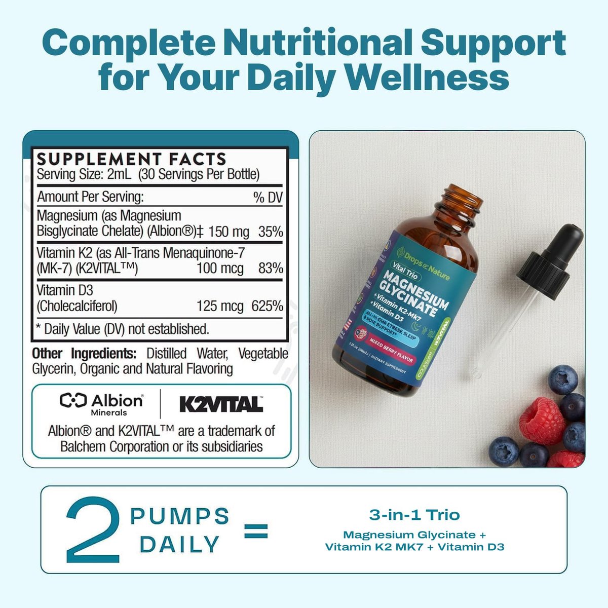 Magnesiumglycinat, Vitamin K2 & D3 Komplex – Vegan, GMO-frei – VIT D MK7 K2 Vitaminpräparat & Magnesium Mischung – mit Nährstoffen für Knochen, Schlaf & tägliche Entspannung (Waldbeere, 60 ml)