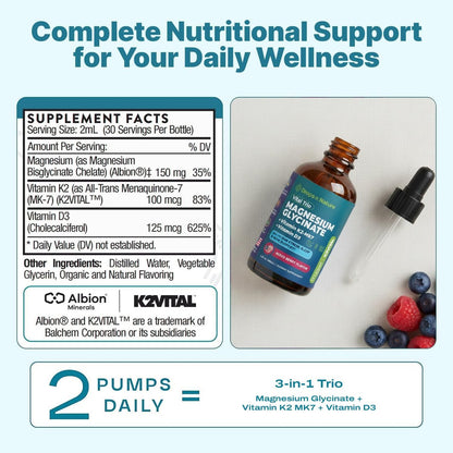 Magnesiumglycinat, Vitamin K2 & D3 Komplex – Vegan, GMO-frei – VIT D MK7 K2 Vitaminpräparat & Magnesium Mischung – mit Nährstoffen für Knochen, Schlaf & tägliche Entspannung (Waldbeere, 60 ml)