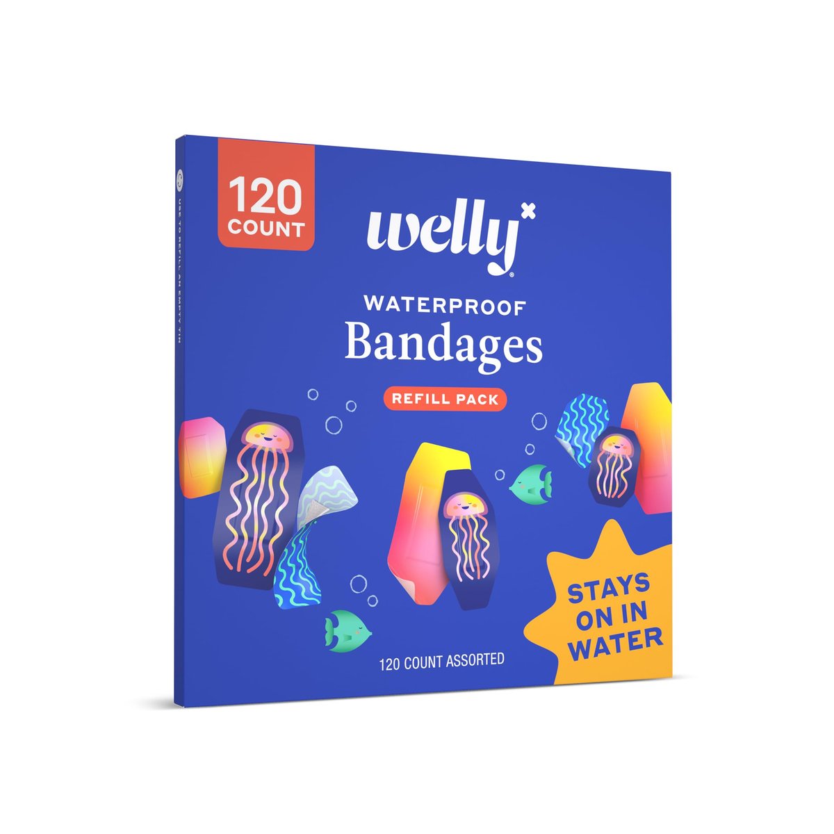 Welly Pflaster Nachfüllpackung wasserdicht | Haftende wasserdichte Pflaster | Gemischte Formen und Muster für kleine Schnitte, Schrammen und Wunden – 120 Stück
