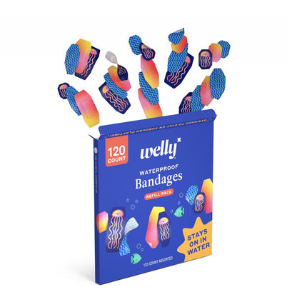 Welly Pflaster Nachfüllpackung wasserdicht | Haftende wasserdichte Pflaster | Gemischte Formen und Muster für kleine Schnitte, Schrammen und Wunden – 120 Stück
