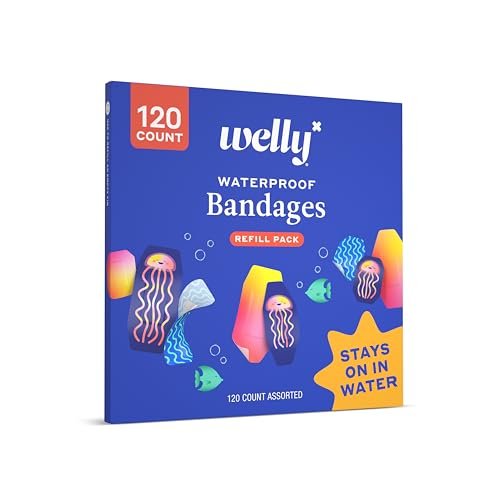 Welly Pflaster Nachfüllpackung wasserdicht | Haftende wasserdichte Pflaster | Gemischte Formen und Muster für kleine Schnitte, Schrammen und Wunden – 120 Stück