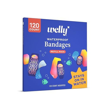 Welly Pflaster Nachfüllpackung wasserdicht | Haftende wasserdichte Pflaster | Gemischte Formen und Muster für kleine Schnitte, Schrammen und Wunden – 120 Stück