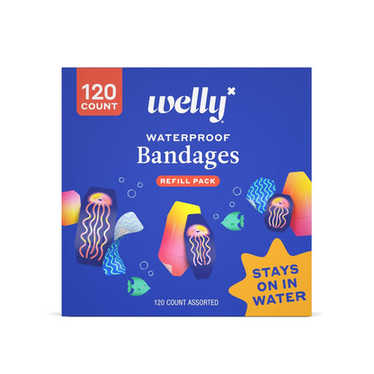 Welly Pflaster Nachfüllpackung wasserdicht | Haftende wasserdichte Pflaster | Gemischte Formen und Muster für kleine Schnitte, Schrammen und Wunden – 120 Stück