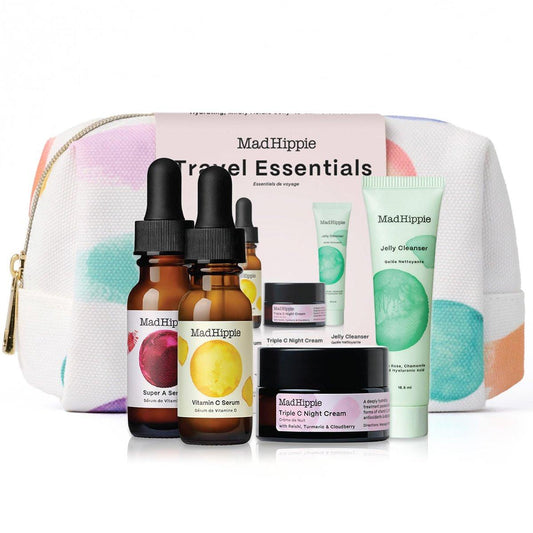 Mad Hippie Travel Essentials – Vitamin C Serum, Triple C Night Cream, Super A Serum + Jelly Cleanser in einer 100% recycelten Kulturbeutel, tierversuchsfrei