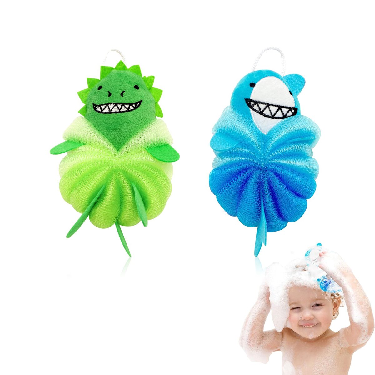 Kinder Loofah & Badeschwamm – 2er-Pack Dinosaurier & Hai, Sanfter Baby-Schwamm für das Bad, Mesh-Pouf für Kleinkinder, weicher Körperpeeler für Jungen & Mädchen