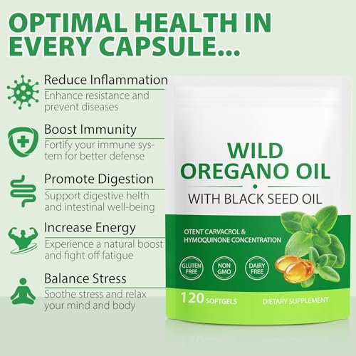 Oregano-Öl Softgels 6000mg, 120 Stück | 2-in-1 mit Schwarzkümmelöl 200mg, Oreganoöl Kapseln, Hoher Carvacrol & Thymoquinon Gehalt für Immununterstützung | Non-GMO, Glutenfrei