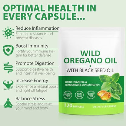Oregano-Öl Softgels 6000mg, 120 Stück | 2-in-1 mit Schwarzkümmelöl 200mg, Oreganoöl Kapseln, Hoher Carvacrol & Thymoquinon Gehalt für Immununterstützung | Non-GMO, Glutenfrei