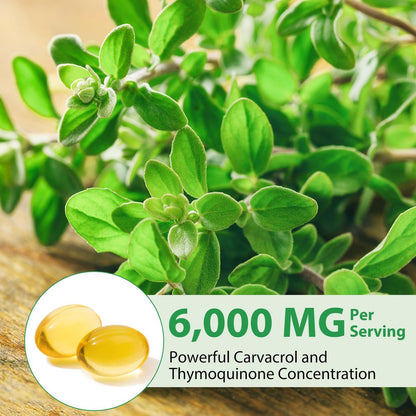 Oregano-Öl Softgels 6000mg, 120 Stück | 2-in-1 mit Schwarzkümmelöl 200mg, Oreganoöl Kapseln, Hoher Carvacrol & Thymoquinon Gehalt für Immununterstützung | Non-GMO, Glutenfrei