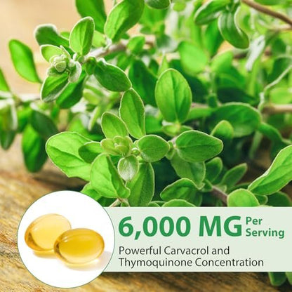 Oregano-Öl Softgels 6000mg, 120 Stück | 2-in-1 mit Schwarzkümmelöl 200mg, Oreganoöl Kapseln, Hoher Carvacrol & Thymoquinon Gehalt für Immununterstützung | Non-GMO, Glutenfrei
