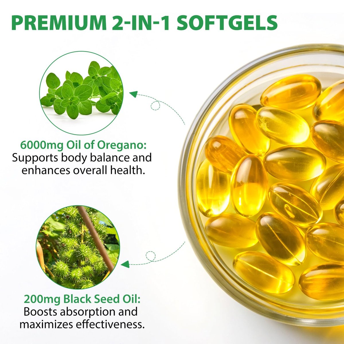 Oregano-Öl Softgels 6000mg, 120 Stück | 2-in-1 mit Schwarzkümmelöl 200mg, Oreganoöl Kapseln, Hoher Carvacrol & Thymoquinon Gehalt für Immununterstützung | Non-GMO, Glutenfrei