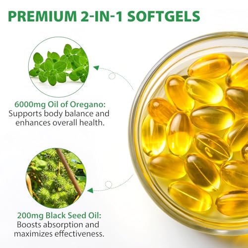 Oregano-Öl Softgels 6000mg, 120 Stück | 2-in-1 mit Schwarzkümmelöl 200mg, Oreganoöl Kapseln, Hoher Carvacrol & Thymoquinon Gehalt für Immununterstützung | Non-GMO, Glutenfrei