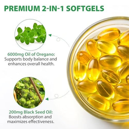 Oregano-Öl Softgels 6000mg, 120 Stück | 2-in-1 mit Schwarzkümmelöl 200mg, Oreganoöl Kapseln, Hoher Carvacrol & Thymoquinon Gehalt für Immununterstützung | Non-GMO, Glutenfrei