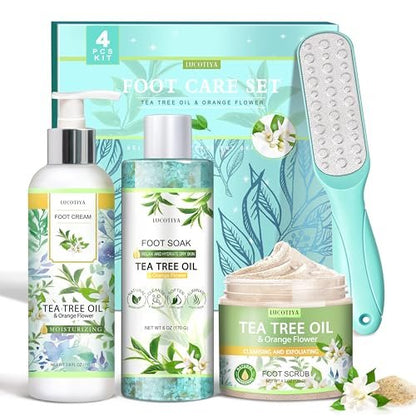 LUCOTIYA Tea Tree & Orange Flower Fußbad Set – Badesalz, Fußfeile, Peeling & Urea-Creme für trockene, rissige Füße – Pediküre-Set für Damen und Herren