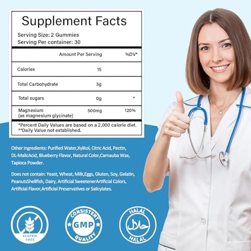 Magnesiumglycinat Gummies 500mg, Zuckerfrei für Erwachsene & Kinder, Magnesium Gummies für Schlaf, Stress & Muskelentspannung, Unterstützt Knochen- & Nervengesundheit, Vegan, Pektin-basiert, 60 Stück, Blaubeergeschmack