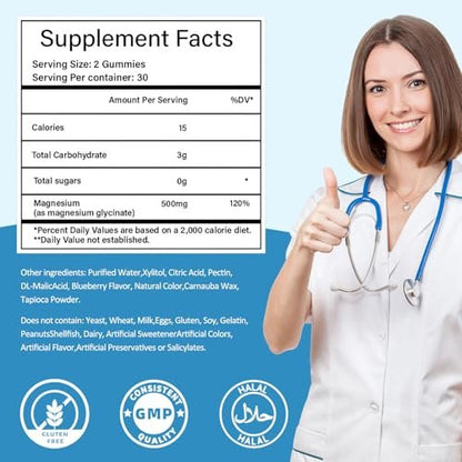 Magnesiumglycinat Gummies 500mg, Zuckerfrei für Erwachsene & Kinder, Magnesium Gummies für Schlaf, Stress & Muskelentspannung, Unterstützt Knochen- & Nervengesundheit, Vegan, Pektin-basiert, 60 Stück, Blaubeergeschmack