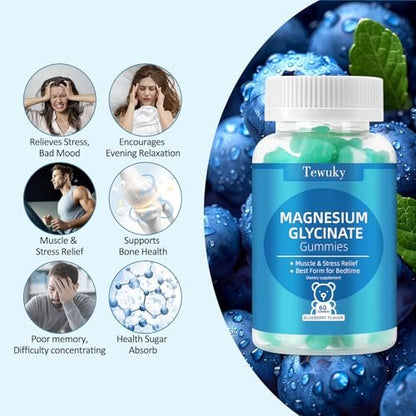 Magnesiumglycinat Gummies 500mg, Zuckerfrei für Erwachsene & Kinder, Magnesium Gummies für Schlaf, Stress & Muskelentspannung, Unterstützt Knochen- & Nervengesundheit, Vegan, Pektin-basiert, 60 Stück, Blaubeergeschmack