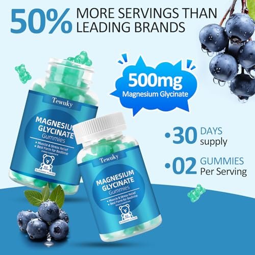 Magnesiumglycinat Gummies 500mg, Zuckerfrei für Erwachsene & Kinder, Magnesium Gummies für Schlaf, Stress & Muskelentspannung, Unterstützt Knochen- & Nervengesundheit, Vegan, Pektin-basiert, 60 Stück, Blaubeergeschmack
