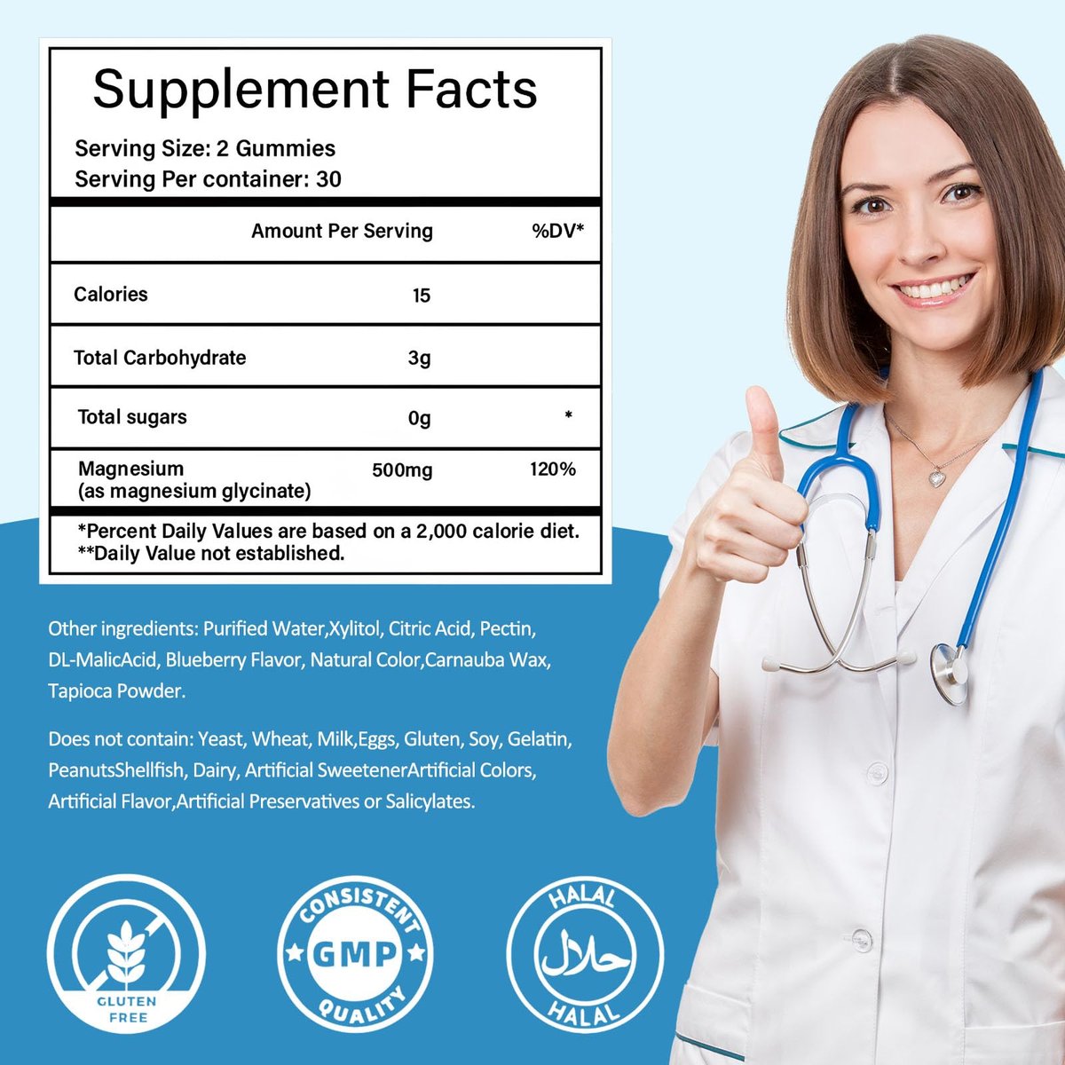 Magnesiumglycinat Gummies 500mg, Zuckerfrei für Erwachsene & Kinder, Magnesium Gummies für Schlaf, Stress & Muskelentspannung, Unterstützt Knochen- & Nervengesundheit, Vegan, Pektin-basiert, 60 Stück, Blaubeergeschmack