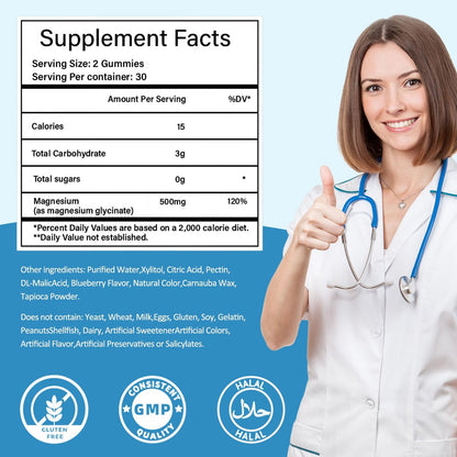 Magnesiumglycinat Gummies 500mg, Zuckerfrei für Erwachsene & Kinder, Magnesium Gummies für Schlaf, Stress & Muskelentspannung, Unterstützt Knochen- & Nervengesundheit, Vegan, Pektin-basiert, 60 Stück, Blaubeergeschmack